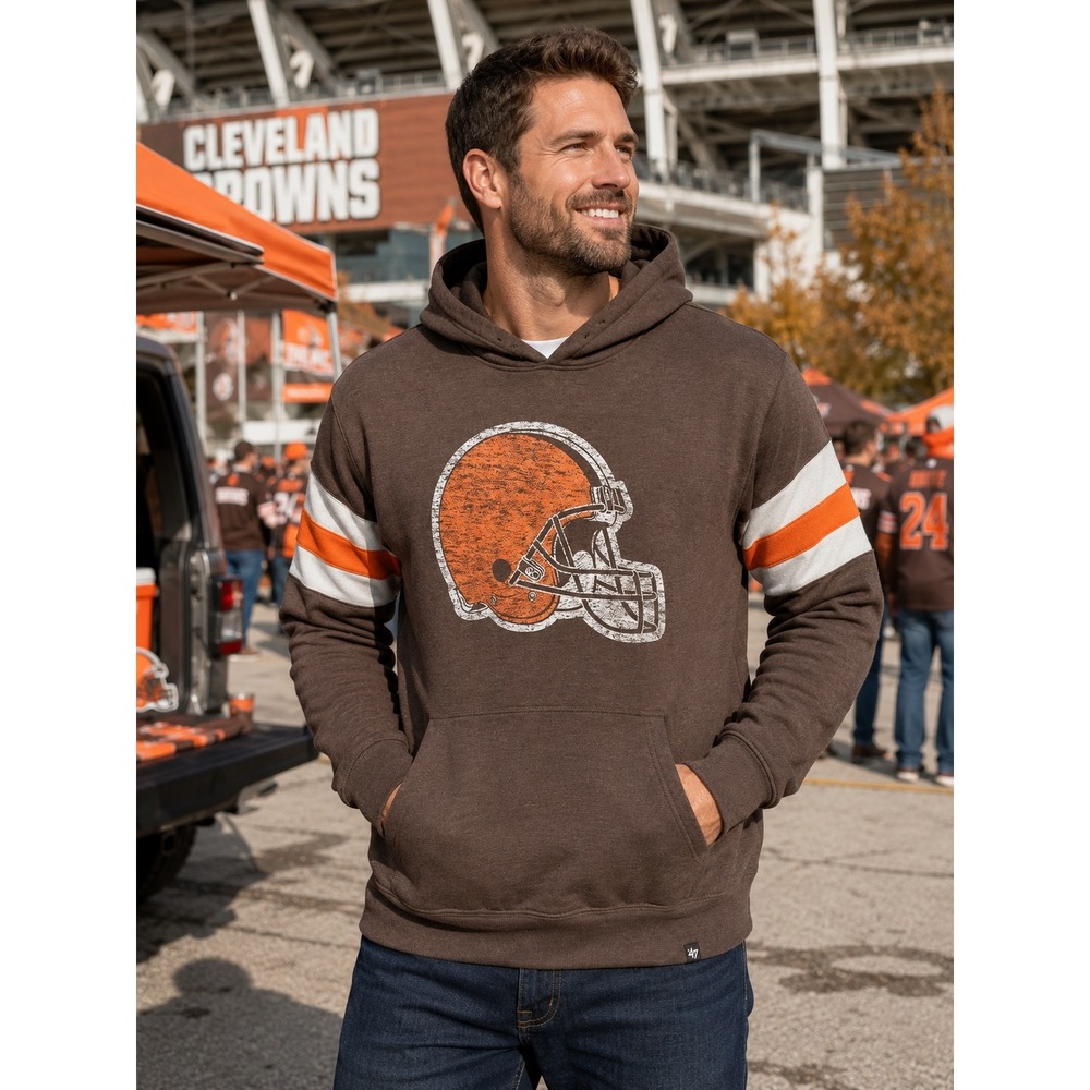 47 Brand Cleveland Browns Mens Brown Distressed Helmet Pullover Hoodie L NEW
